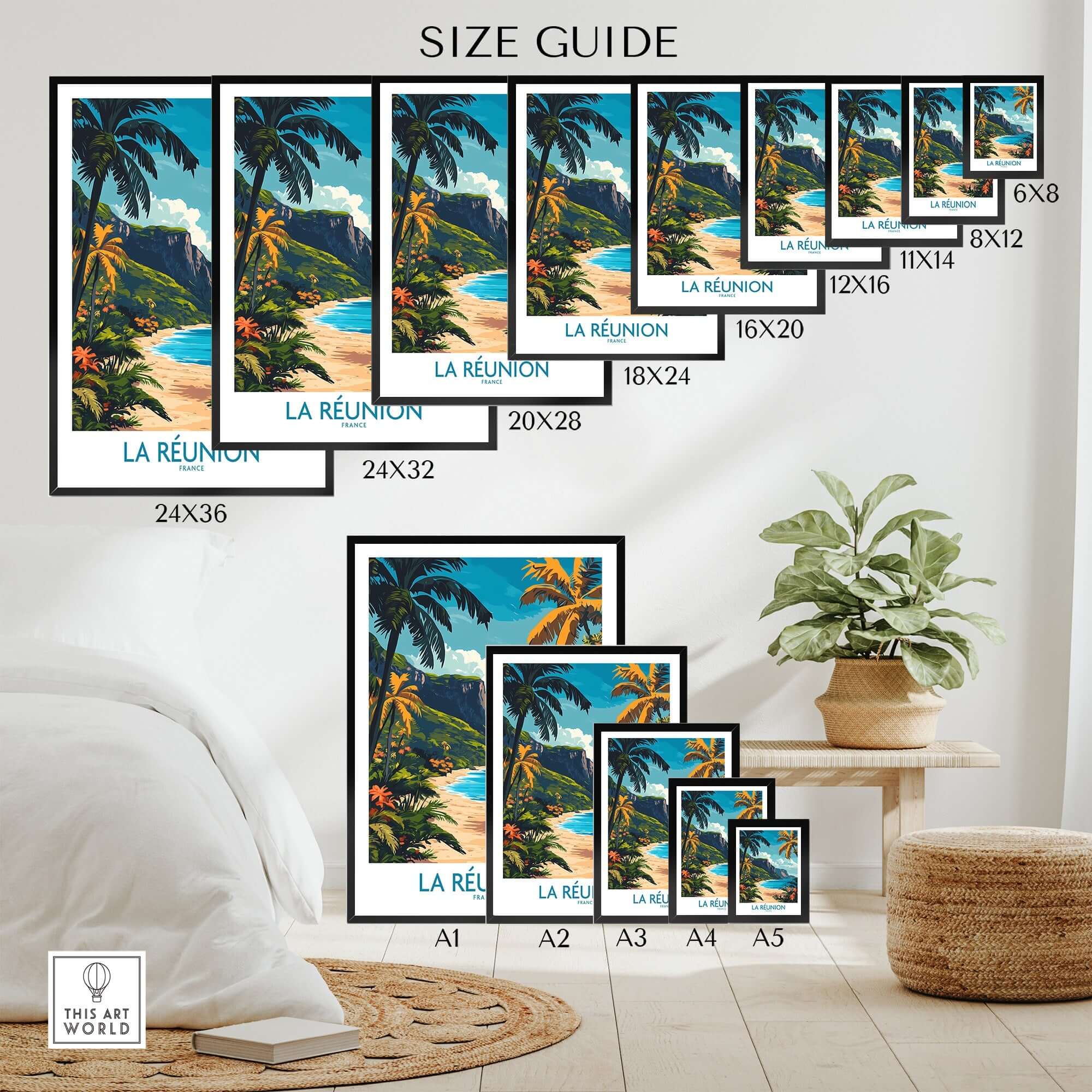 Réunion Island Travel Poster size guide showcasing various dimensions for wall art.