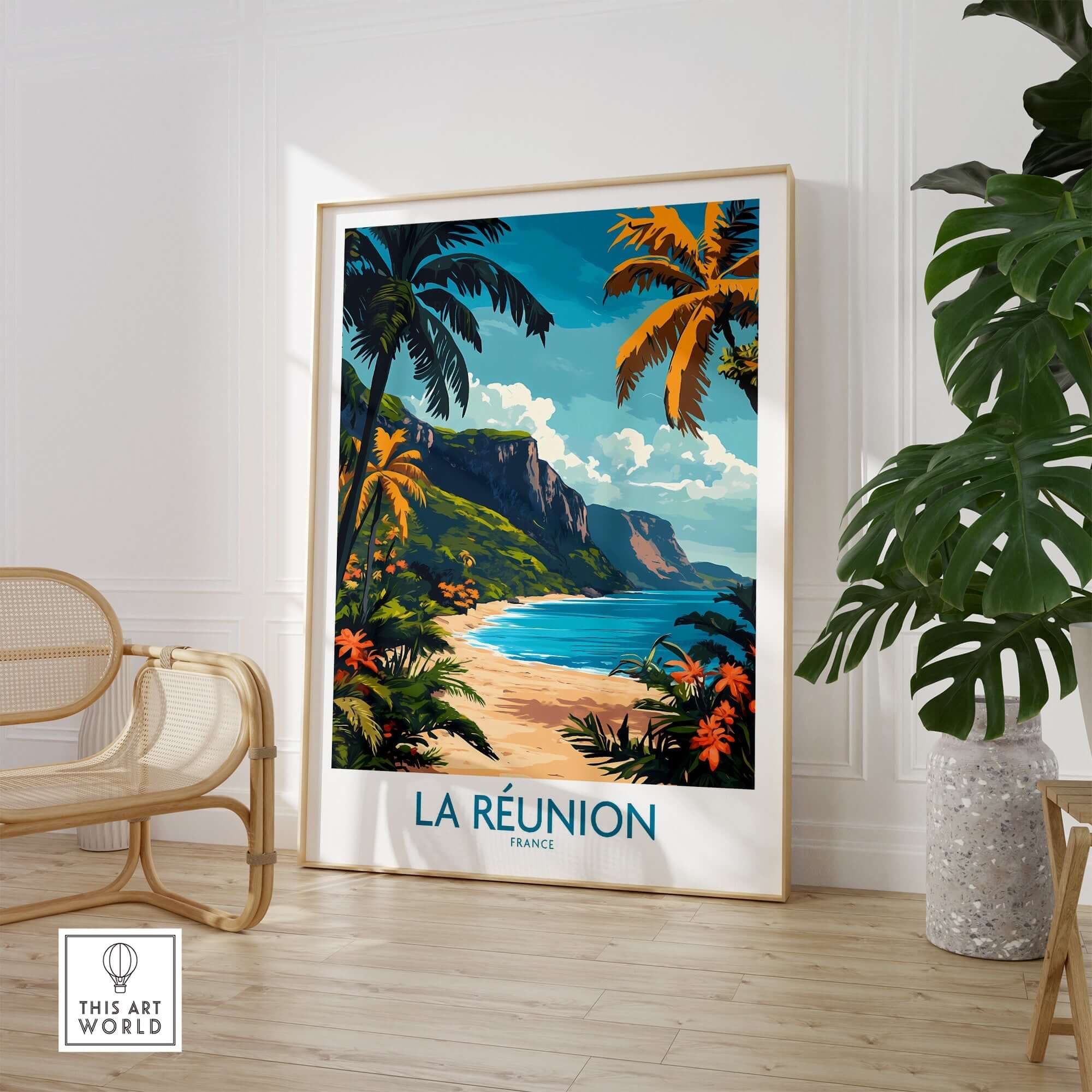 Réunion Island Travel Poster showcasing vibrant beach landscape and palm trees in a stylish interior setting.