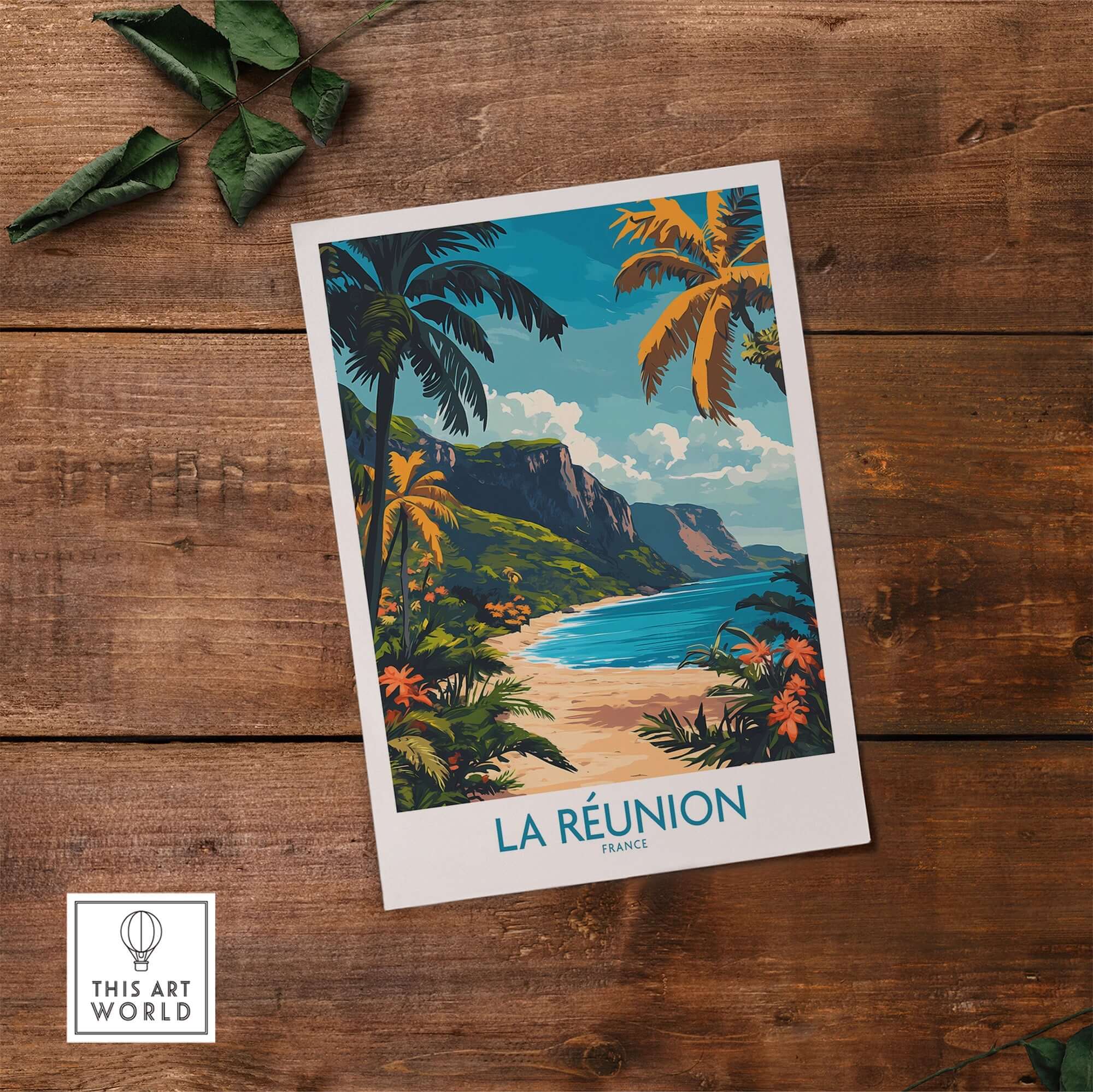 Réunion Island Travel Poster showcasing the tropical beach and vibrant vegetation of Réunion Island, France.