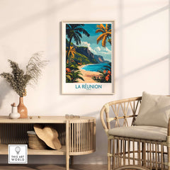 Réunion Island Travel Poster showcasing vibrant landscapes and culture in a stylish living room setting.