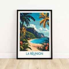 Réunion Island Travel Poster showcasing tropical beach and lush landscapes, perfect for wall art in any travel-themed room.
