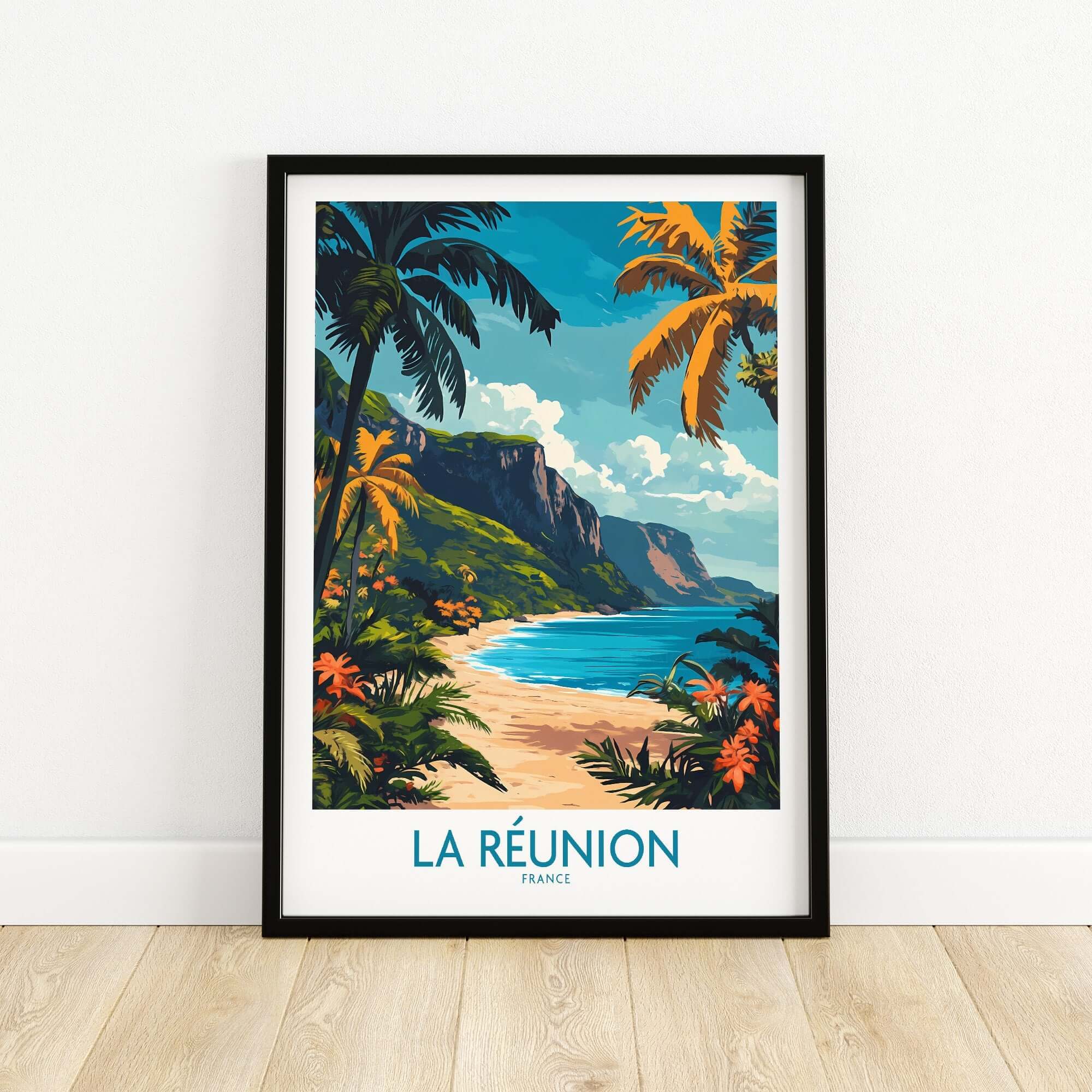 Réunion Island Travel Poster showcasing tropical beach and lush landscapes, perfect for wall art in any travel-themed room.