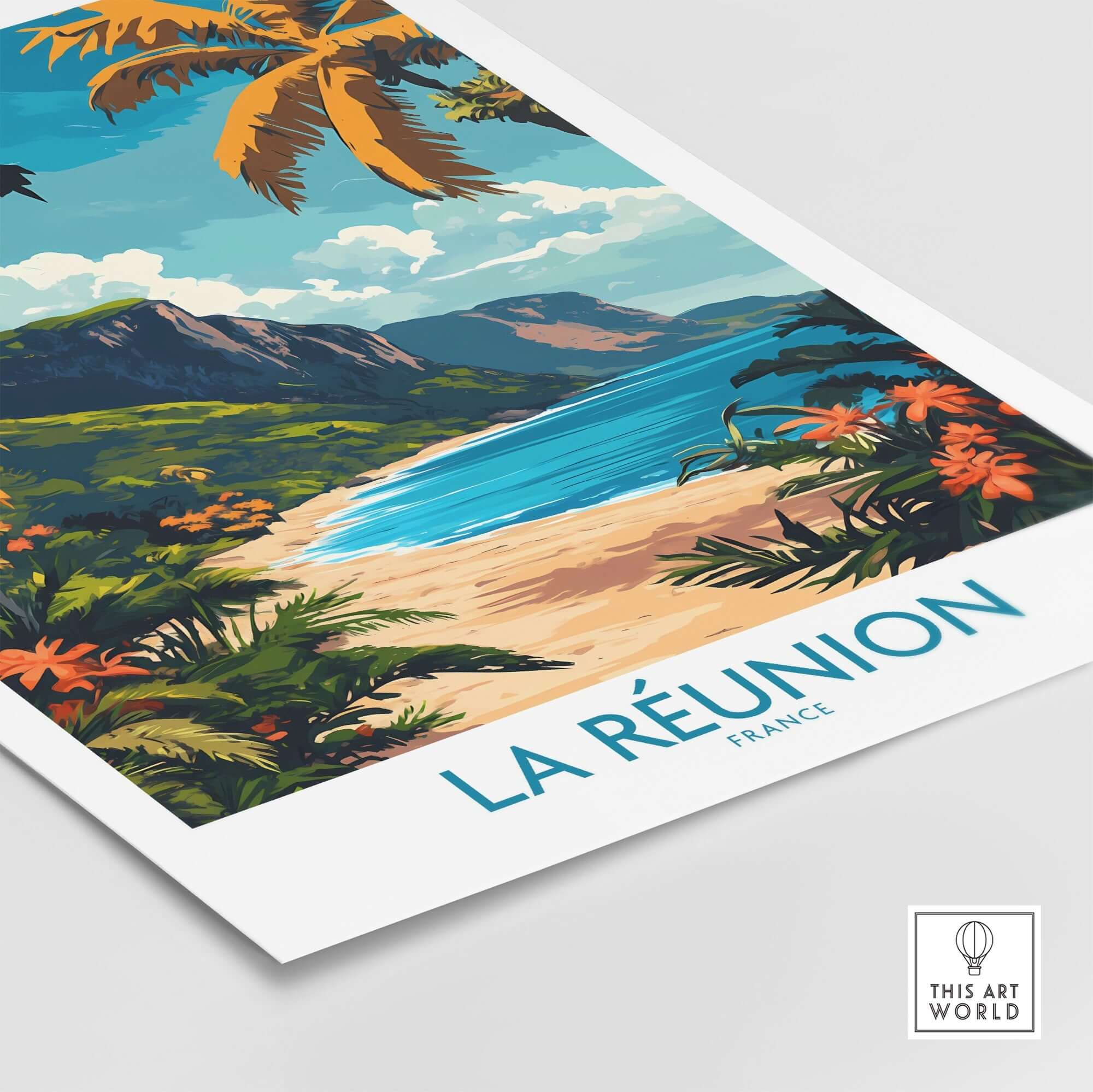 Réunion Island Travel Poster showcasing vibrant landscapes and tropical scenery of La Réunion, France.