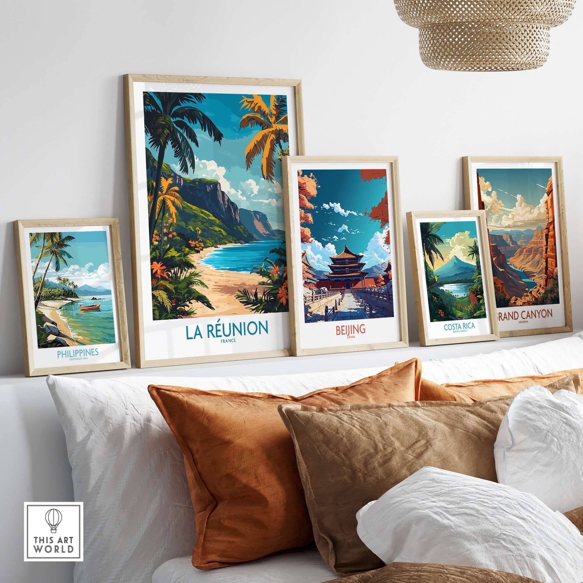 Réunion Island Travel Poster among other vibrant travel posters, showcasing breathtaking landscapes and culture.