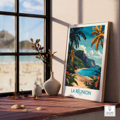 Réunion Island Travel Poster featuring stunning coastal scenery and tropical foliage by the beach.