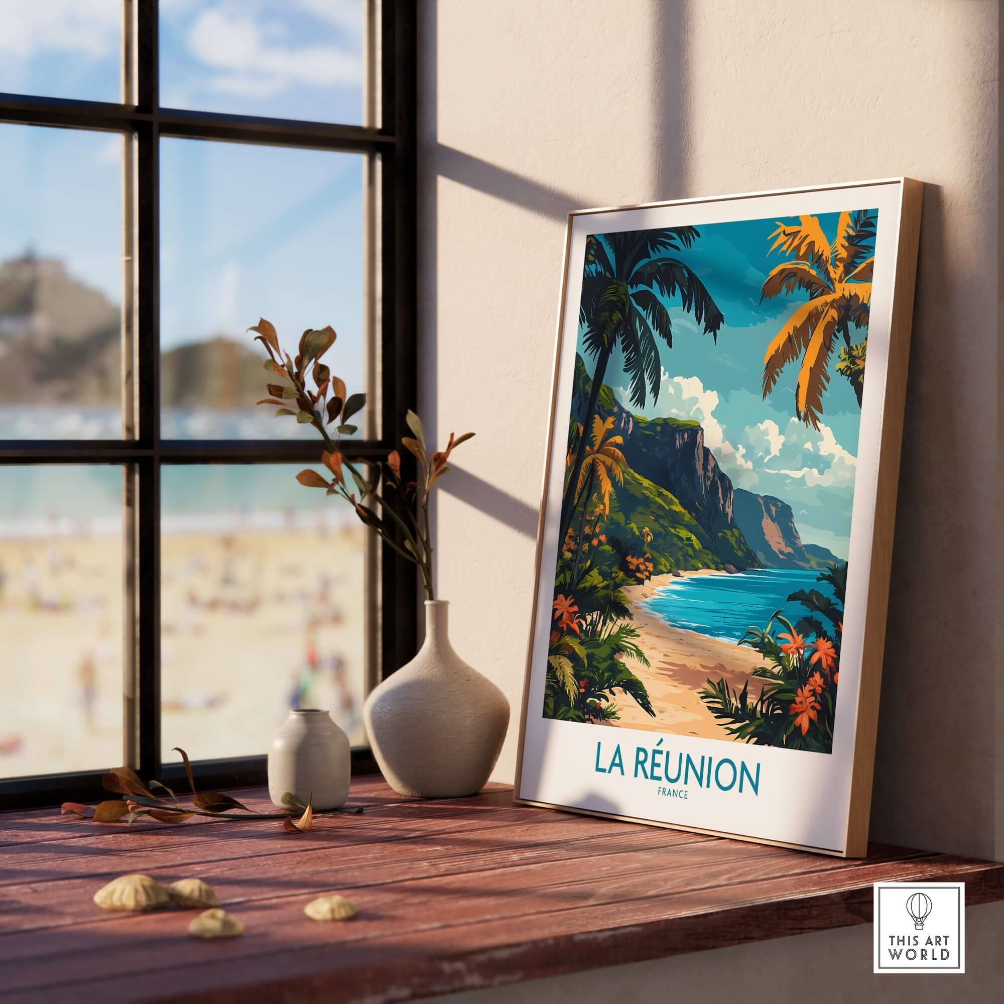 Réunion Island Travel Poster featuring stunning coastal scenery and tropical foliage by the beach.