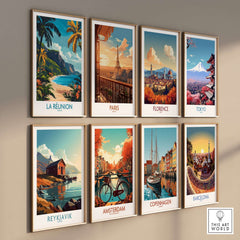 Réunion Island Travel Poster showcasing vibrant landscapes and culture along with other travel destinations.