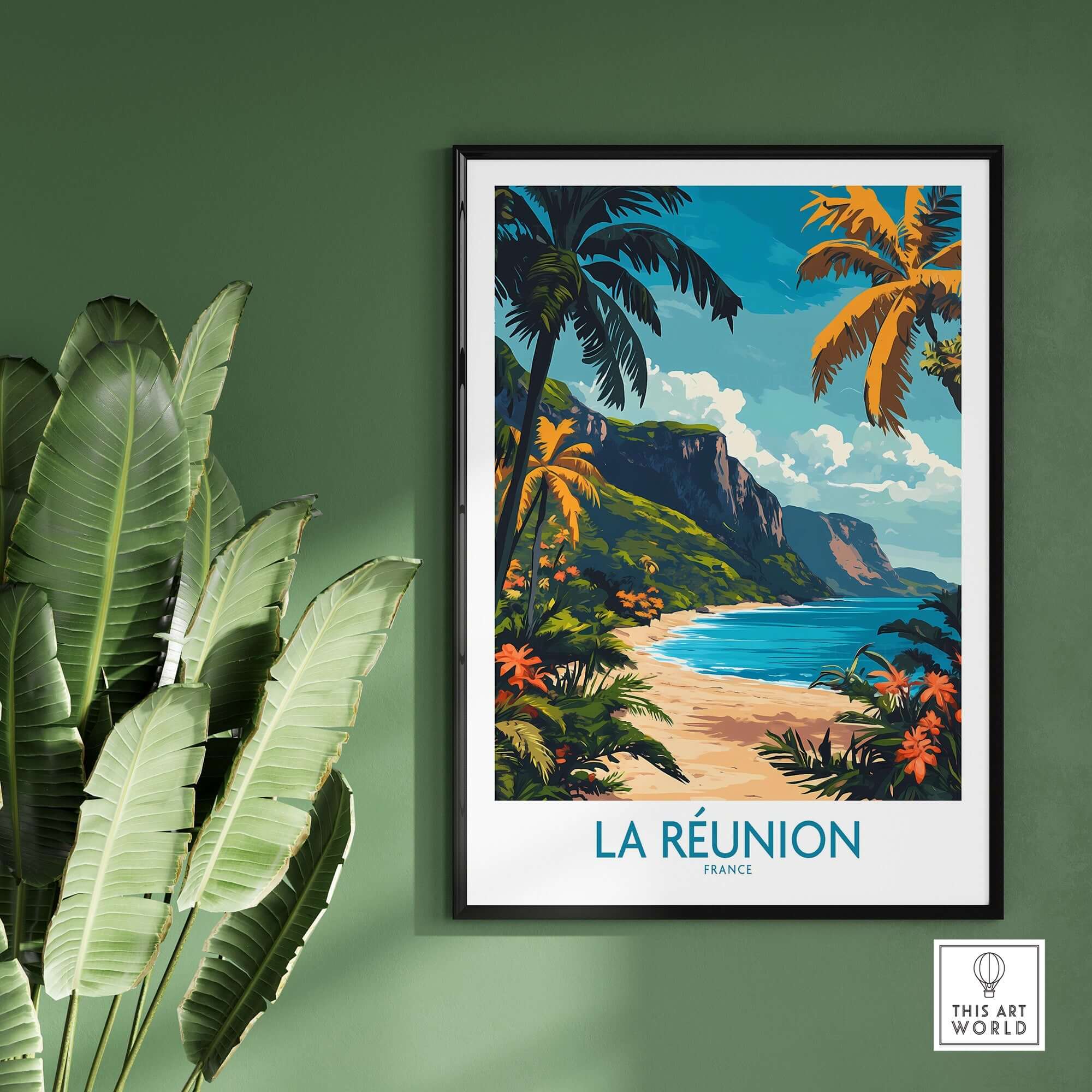 Réunion Island Travel Poster showcasing vibrant landscapes and tropical palms, perfect for décor in a wanderlust-inspired space.