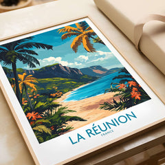 Réunion Island Travel Poster showcasing vibrant landscapes and tropical scenery of Réunion Island, France.