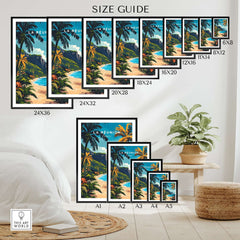 Réunion Island Travel Print size guide showing various frame sizes and display options for wall art decor.