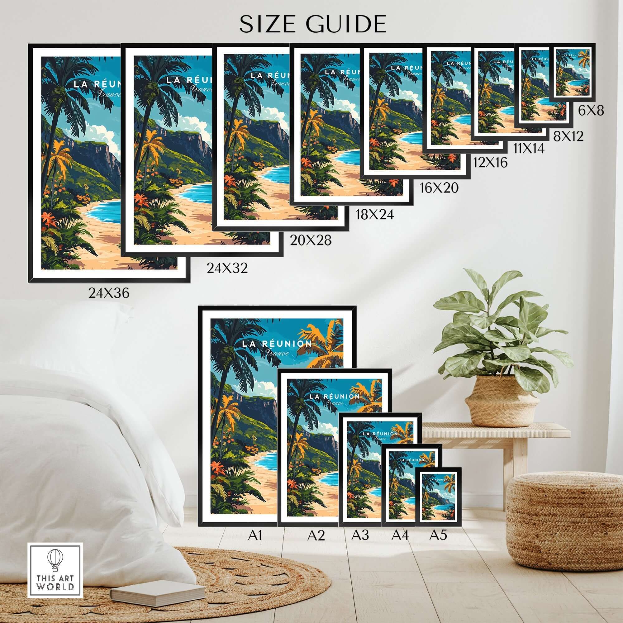 Réunion Island Travel Print size guide showing various frame sizes and display options for wall art decor.