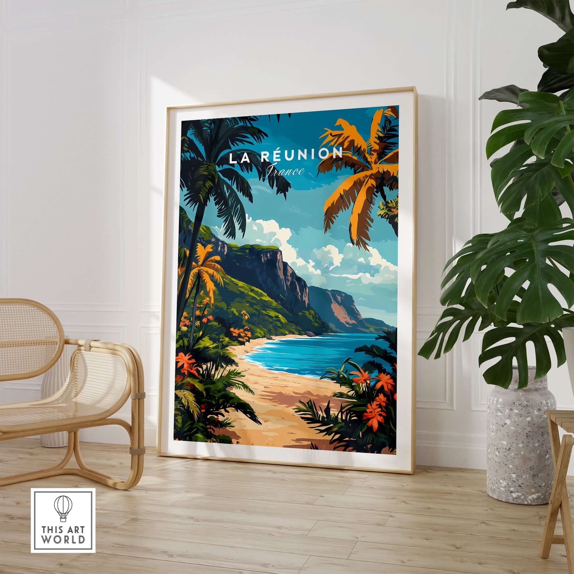 Réunion Island Travel Print showcasing a tropical beach with palms and mountains, perfect wall art for travel enthusiasts.