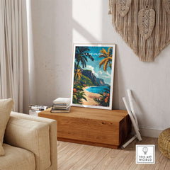 Réunion Island Travel Print showcasing vibrant landscapes and tropical charm in a stylish home setting.