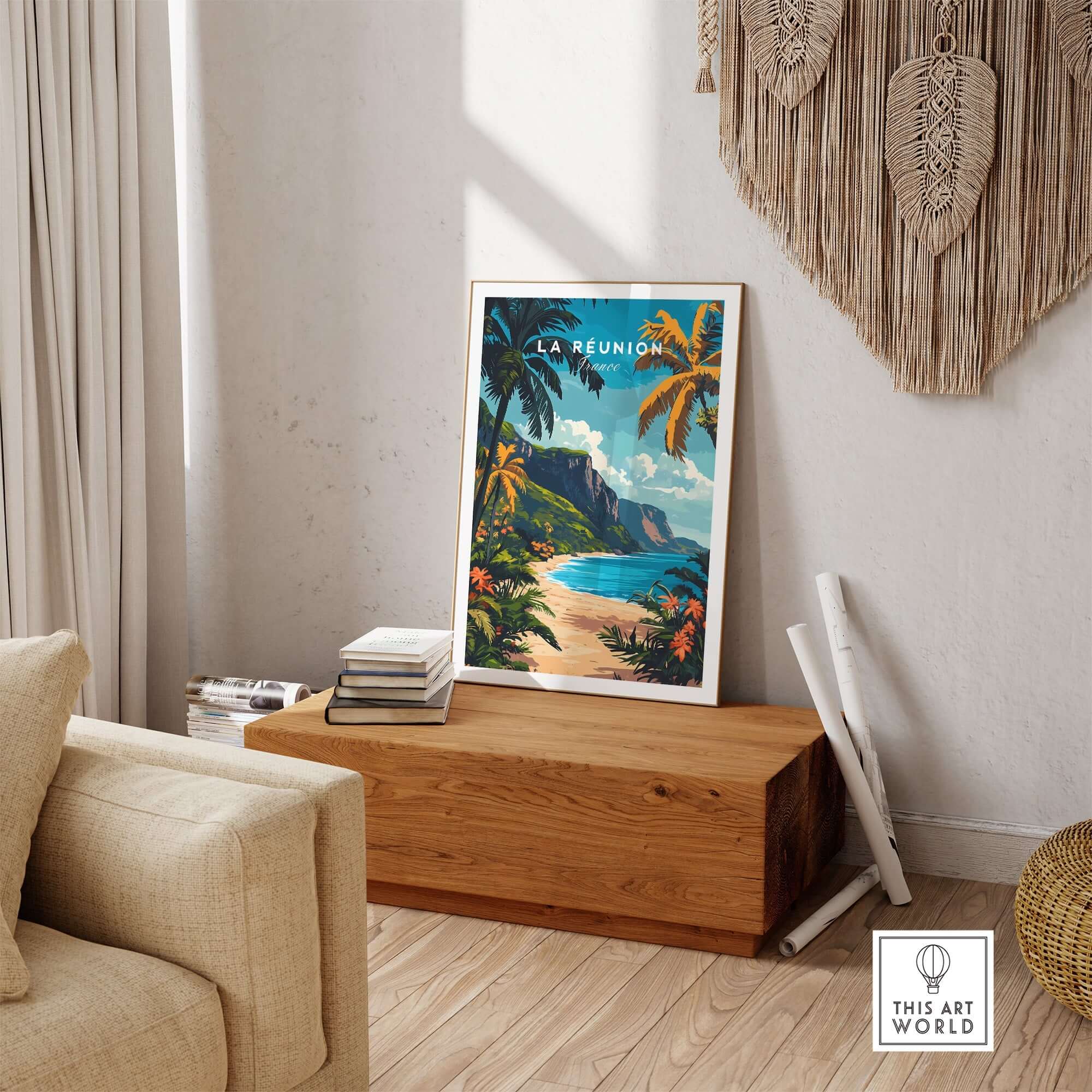 Réunion Island Travel Print showcasing vibrant landscapes and tropical charm in a stylish home setting.