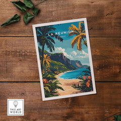 Réunion Island Travel Print featuring tropical landscapes and vibrant colors for wall art decor.