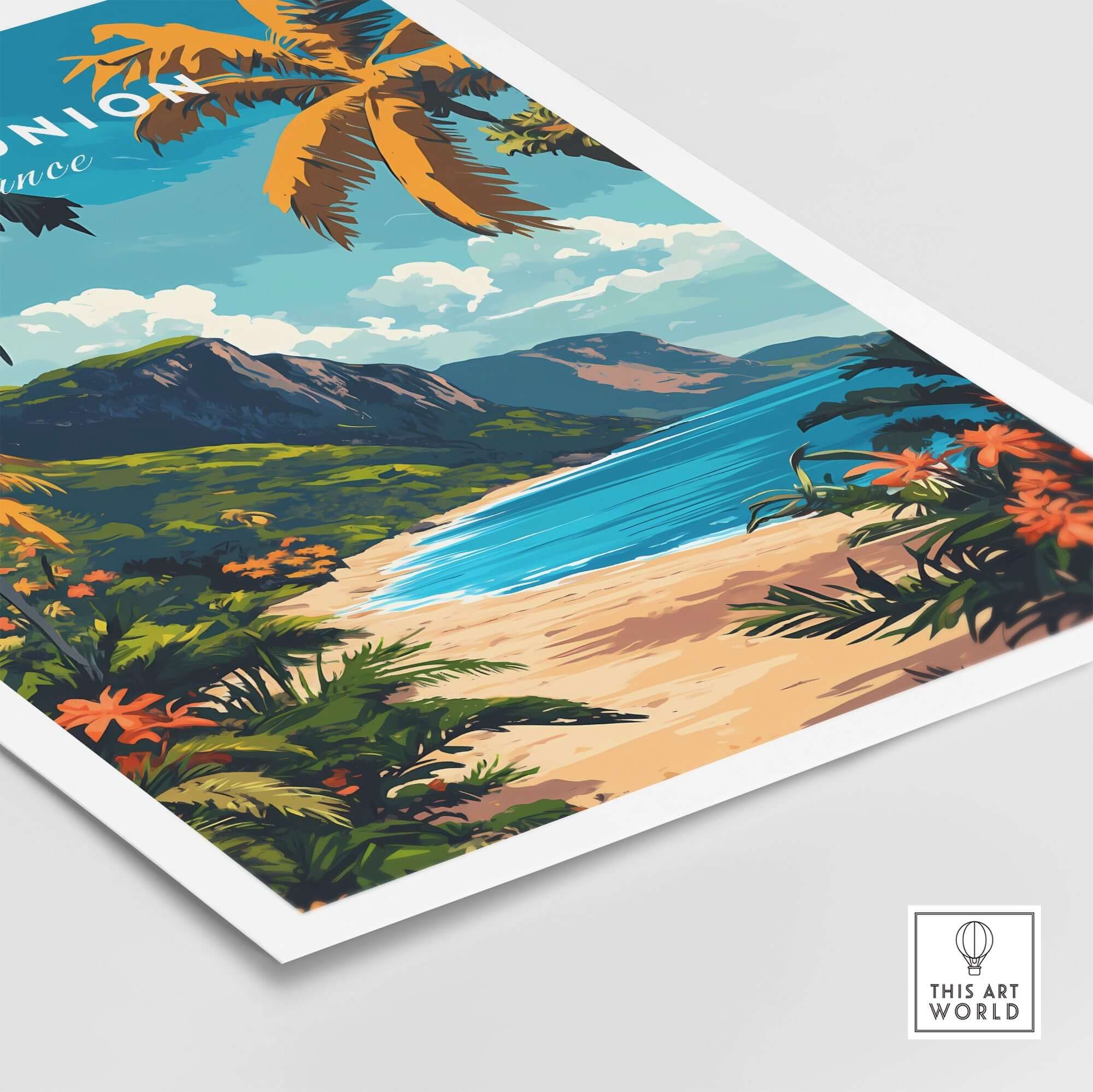 Réunion Island Travel Print showcasing tropical landscapes and vibrant colors, ideal for home decor and travel enthusiasts.