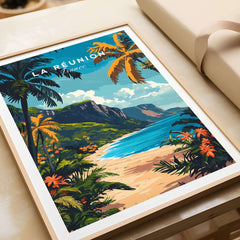Réunion Island Travel Print showcasing tropical landscapes and vibrant colors in a framed wall art poster.