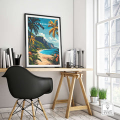 Réunion Island Travel Print displayed in a modern workspace, showcasing tropical landscape and vibrant colors.