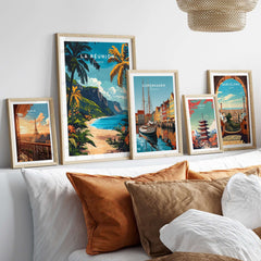 Réunion Island Travel Print collection showcased on a cozy couch with decorative pillows and framed wall art.