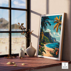 Réunion Island Travel Print featuring vibrant tropical landscape and coastal view near a sunny beach.