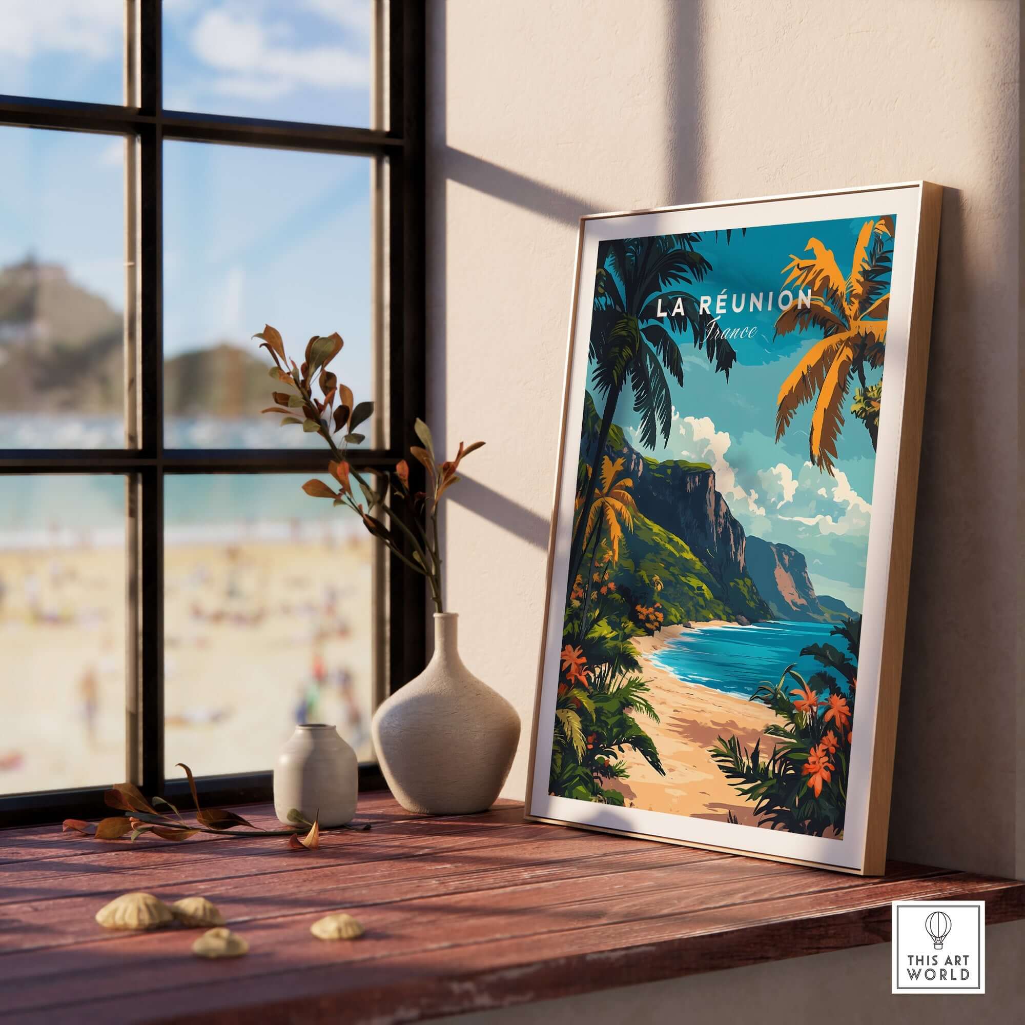 Réunion Island Travel Print featuring vibrant tropical landscape and coastal view near a sunny beach.