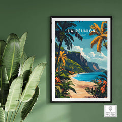 Réunion Island Travel Print showcasing a tropical landscape with vibrant colors and palm trees.