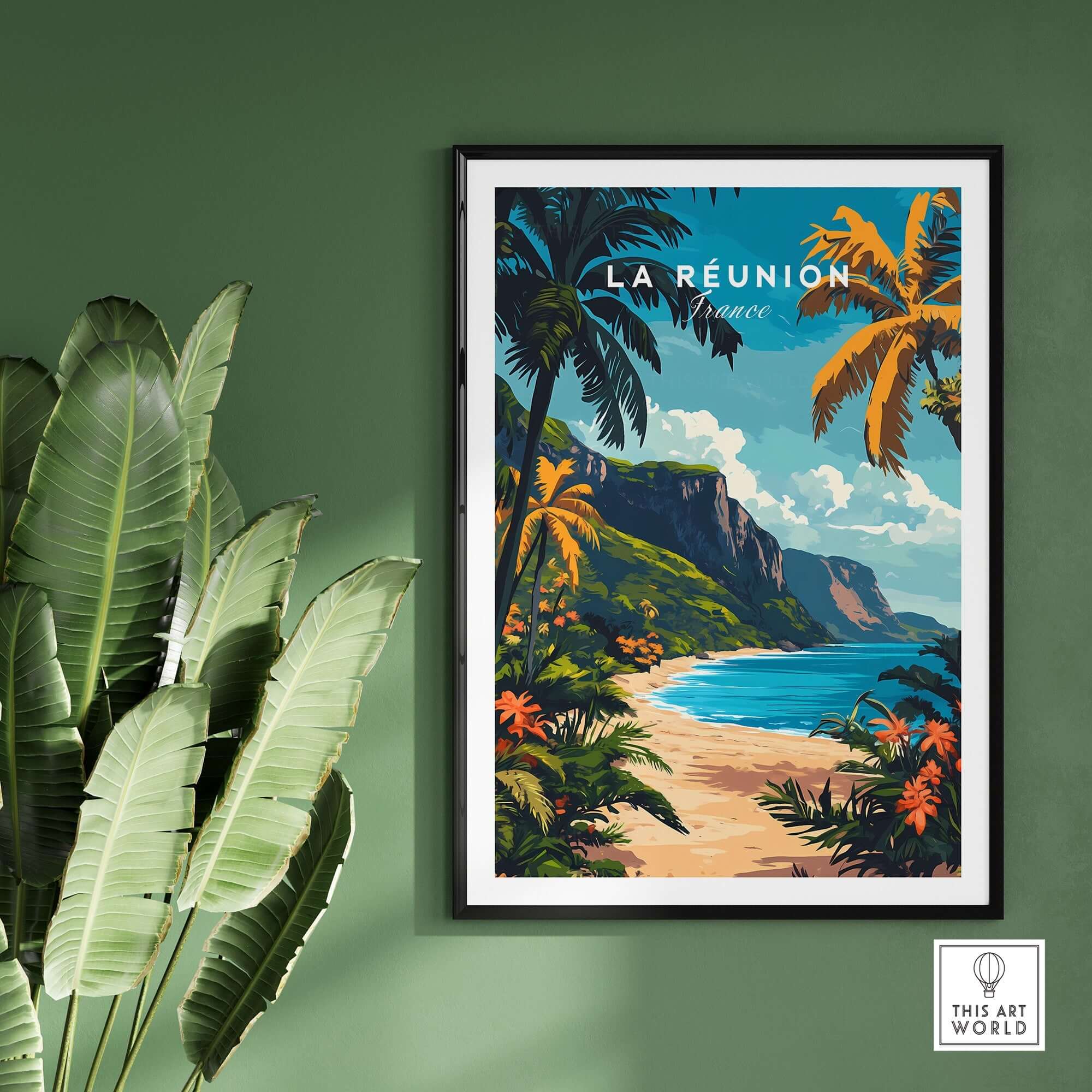 Réunion Island Travel Print showcasing a tropical landscape with vibrant colors and palm trees.