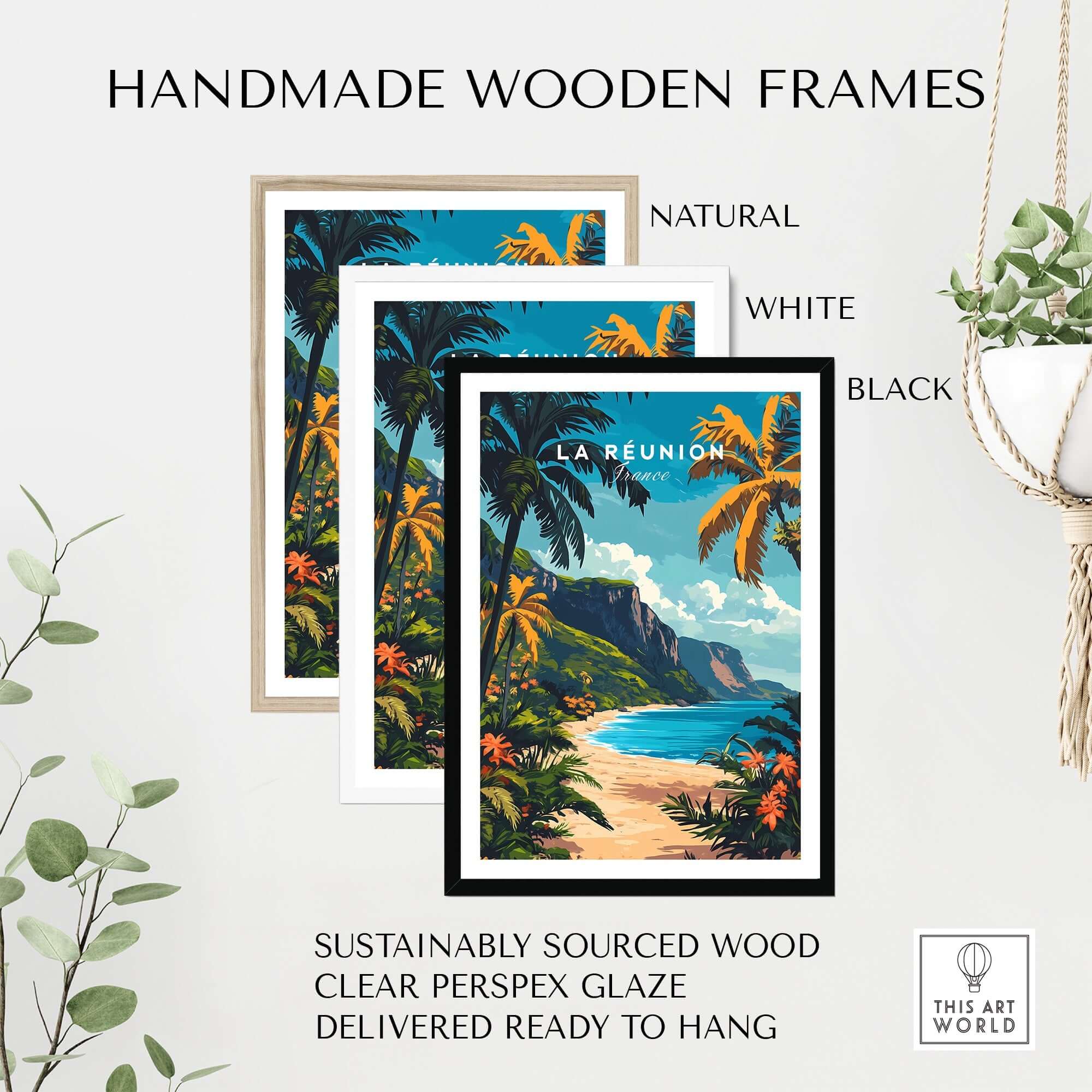 Réunion Island Travel Print displayed in handmade wooden frames, including natural, white, and black options for wall art.