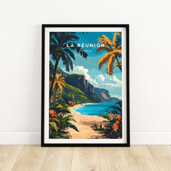Réunion Island Travel Print showcasing a tropical beach scene with vibrant colors and palm trees.