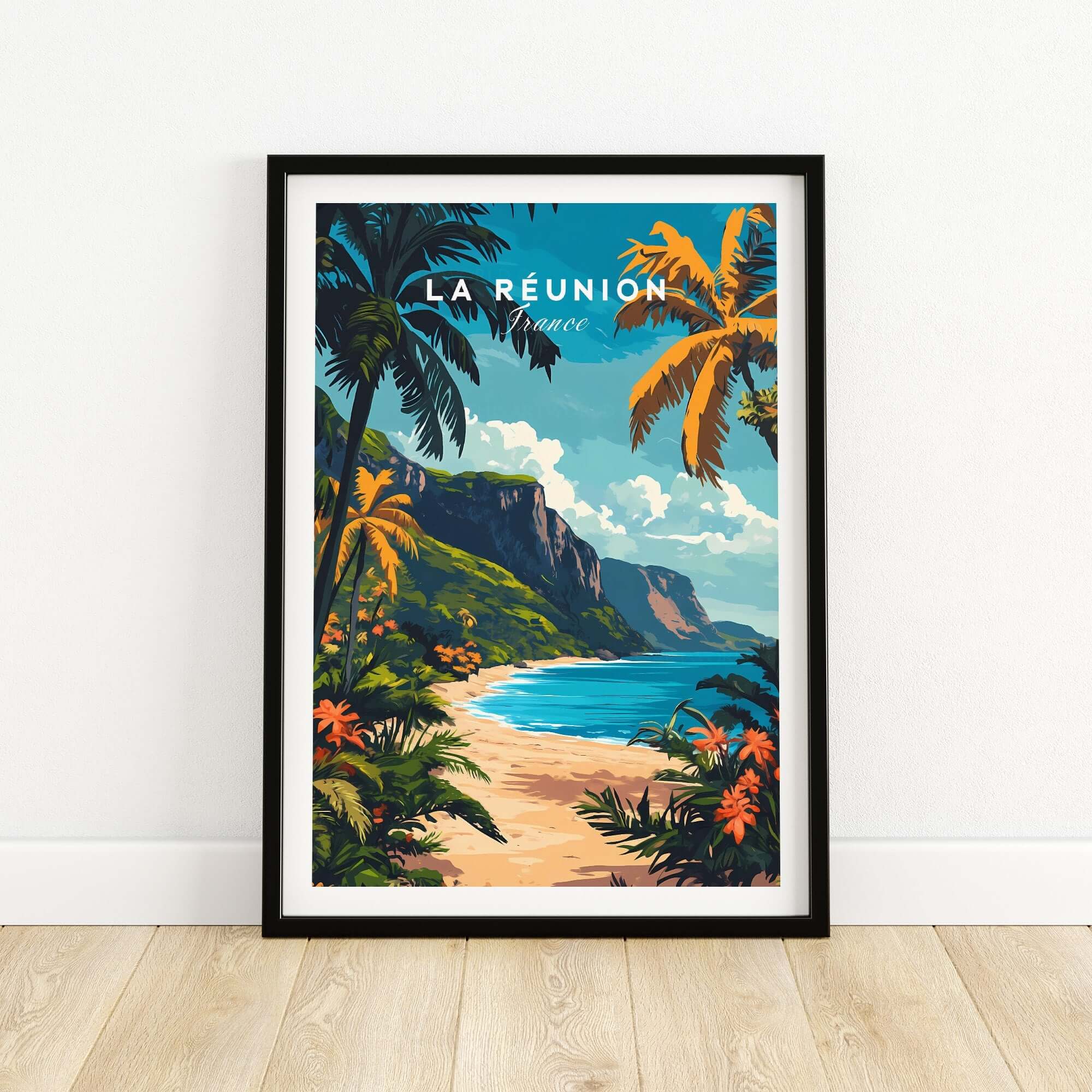 Réunion Island Travel Print showcasing a tropical beach scene with vibrant colors and palm trees.