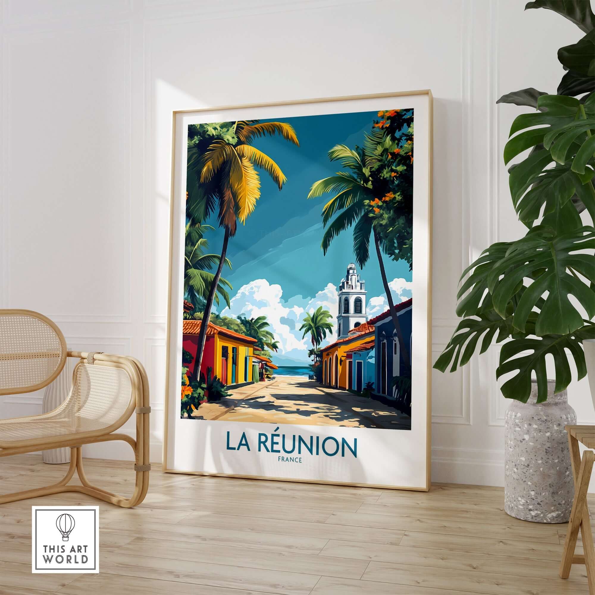 Réunion Island Wall Art Poster featuring vibrant colors and picturesque landscapes in a stylish interior setting.