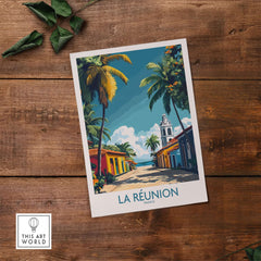 Réunion Island Wall Art Poster showcasing colorful streets and tropical scenery of La Réunion, France.