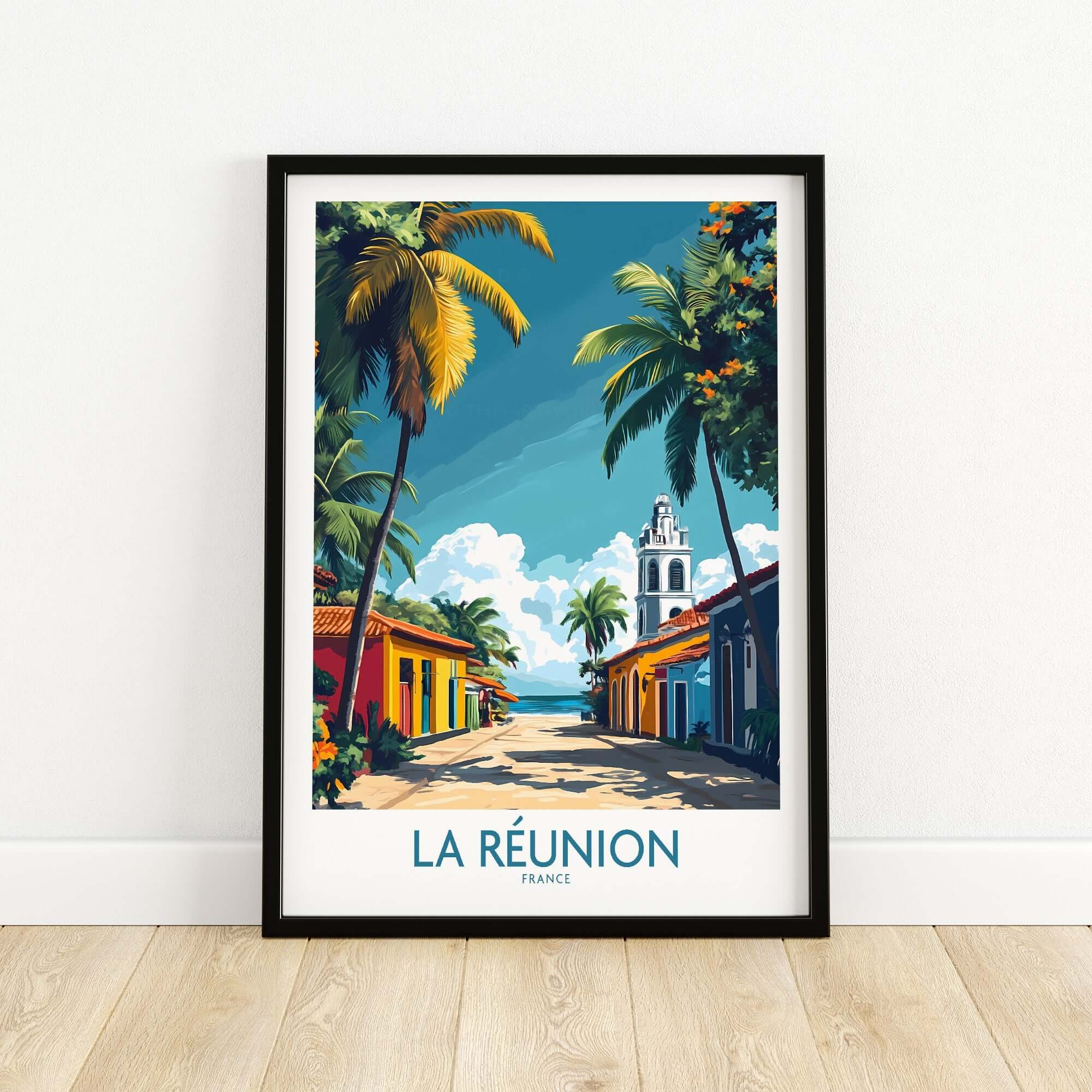 Réunion Island Wall Art Poster showcasing vibrant street scene with palm trees and colorful buildings.