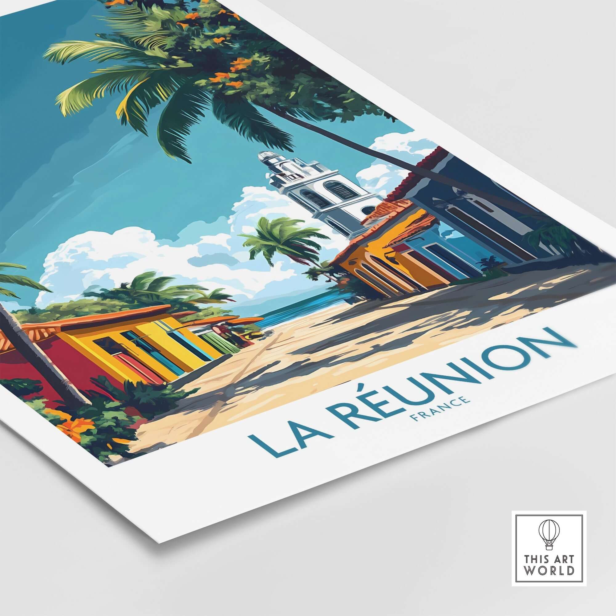 Réunion Island Wall Art Poster showcasing colorful buildings and palm trees on La Réunion island in France.