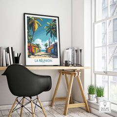 Réunion Island Wall Art Poster displayed in a stylish interior with vibrant colors and palm trees.