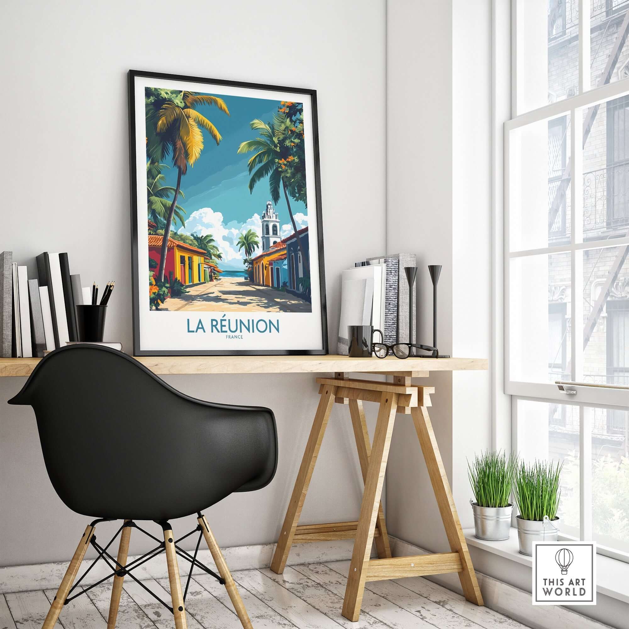 Réunion Island Wall Art Poster displayed in a stylish interior with vibrant colors and palm trees.
