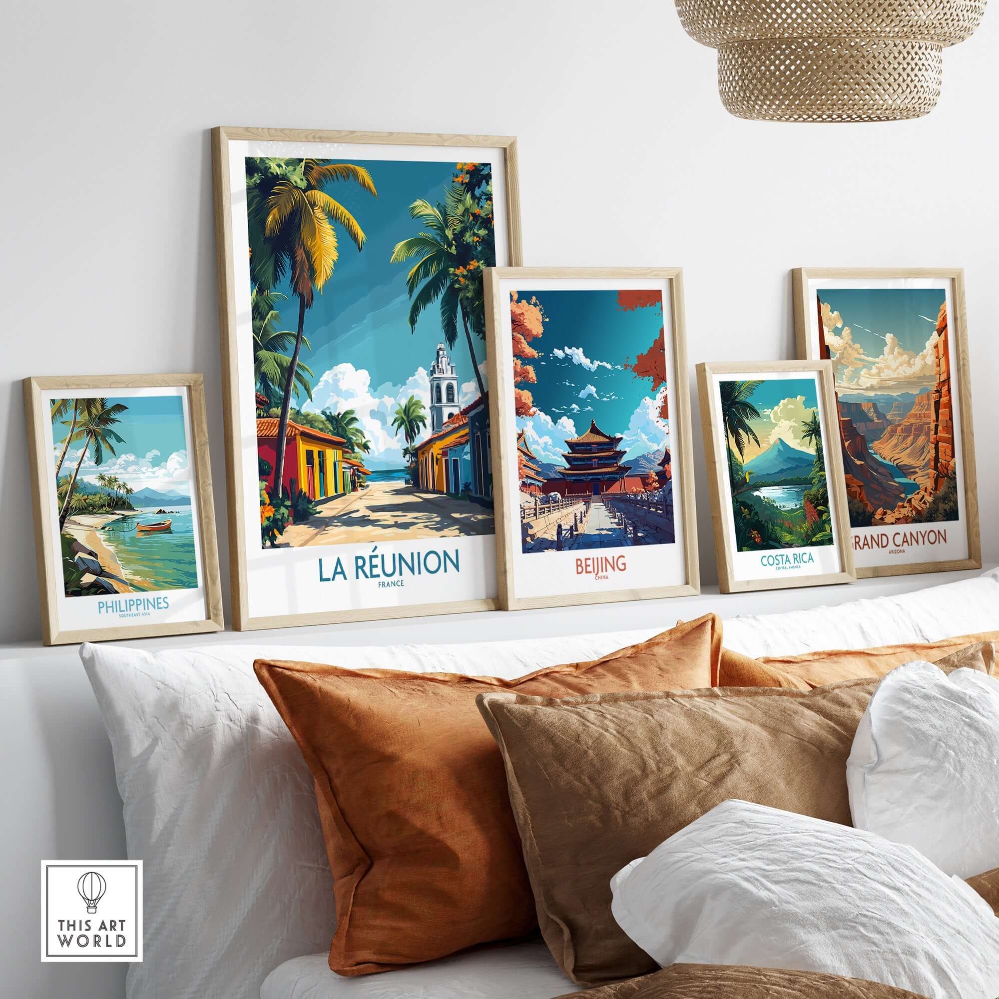 Réunion Island Wall Art Poster displayed among other travel posters for Philippines, Beijing, Costa Rica, and Grand Canyon.