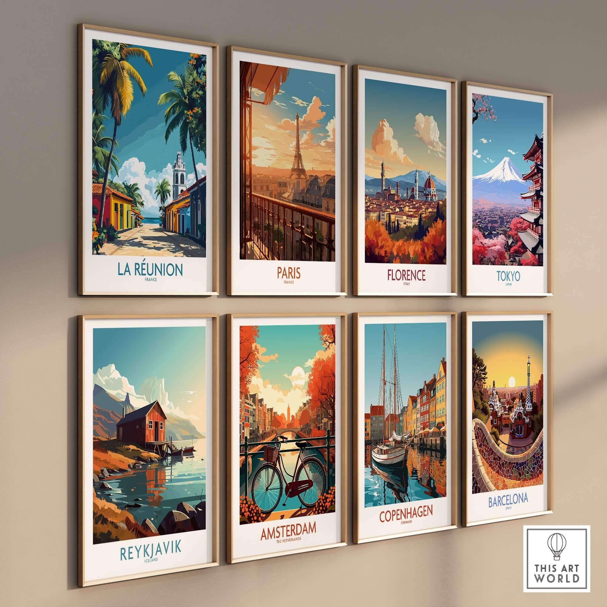 Réunion Island Wall Art Poster among colorful cityscape posters on a wall, showcasing travel destinations.