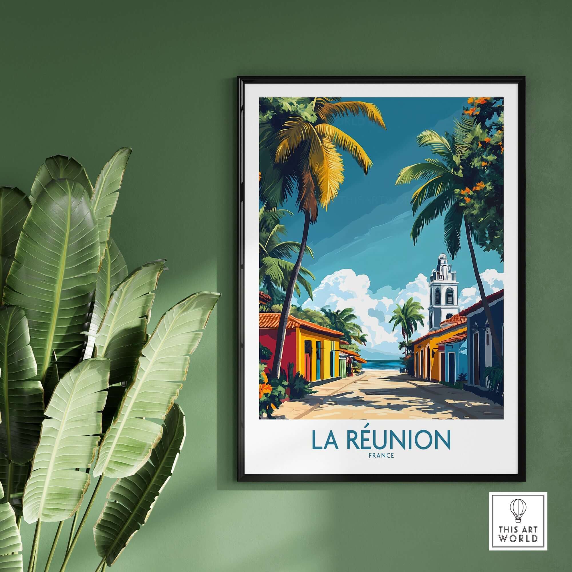 Réunion Island Wall Art Poster showcasing vibrant colors and palm trees, transporting viewers to Réunion's picturesque beauty.