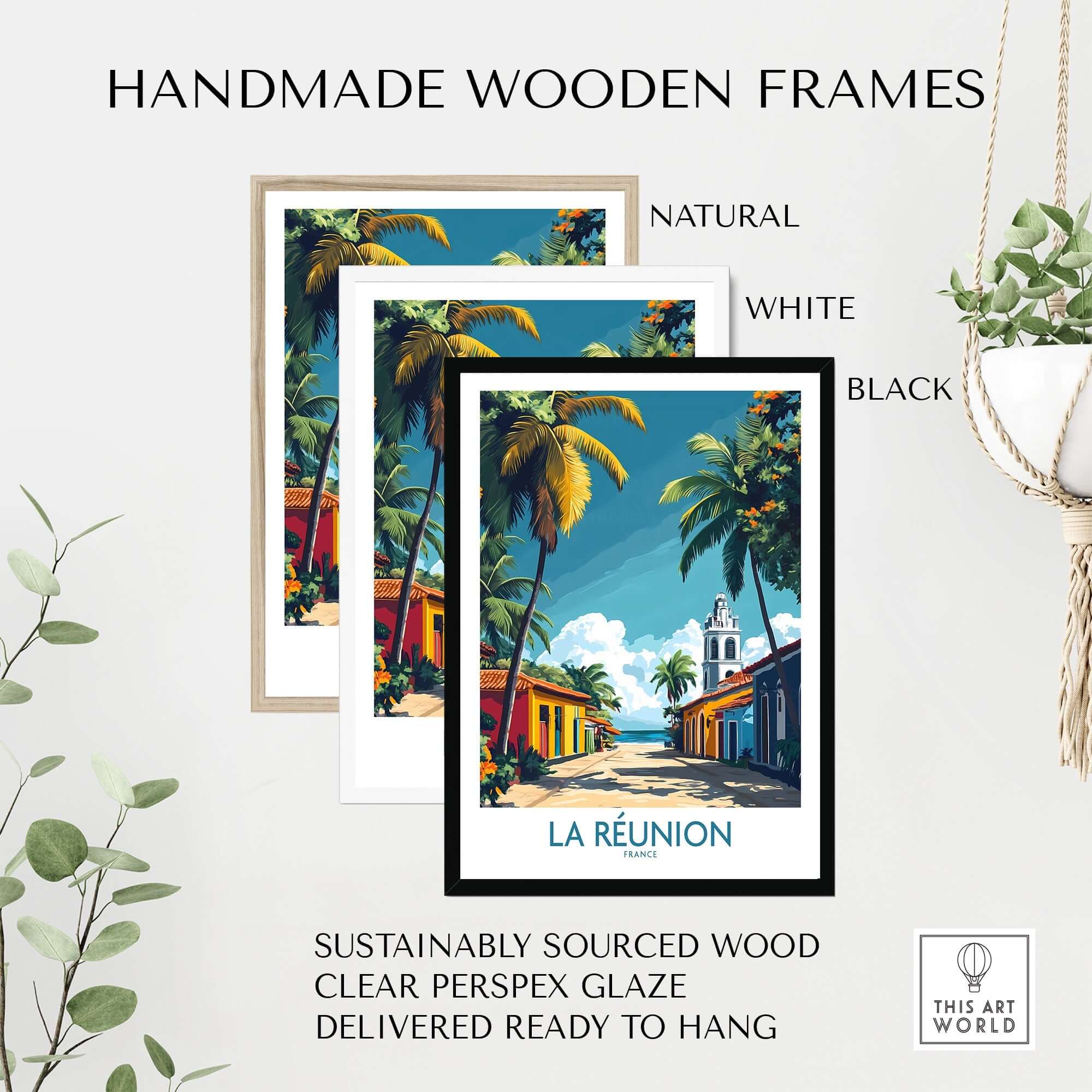 Réunion Island Wall Art Poster displayed in handmade wooden frames in natural, white, and black finishes.