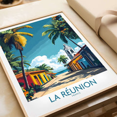 Réunion Island Wall Art Poster showcasing colorful houses and palm trees with a scenic view.