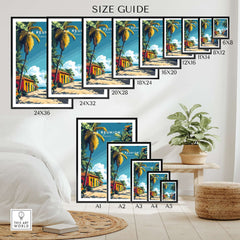 Réunion Island Wall Art Print size guide with various frame dimensions displayed in a stylish interior setting.
