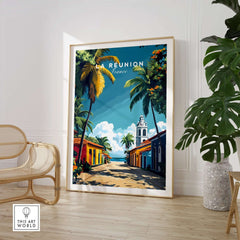 Réunion Island Wall Art Print displayed in modern interior, showcasing vibrant colors and scenic tropical scenery.