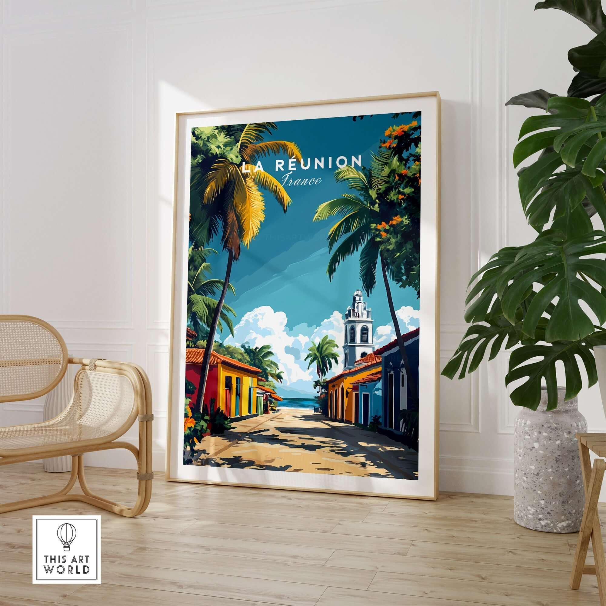 Réunion Island Wall Art Print displayed in modern interior, showcasing vibrant colors and scenic tropical scenery.