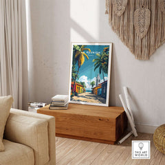 Réunion Island Wall Art Print displayed in a cozy living room setting with vibrant colors and tropical scenery.