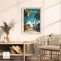 Réunion Island Wall Art Print displayed in a modern living room, showcasing vibrant colors and tropical themes.