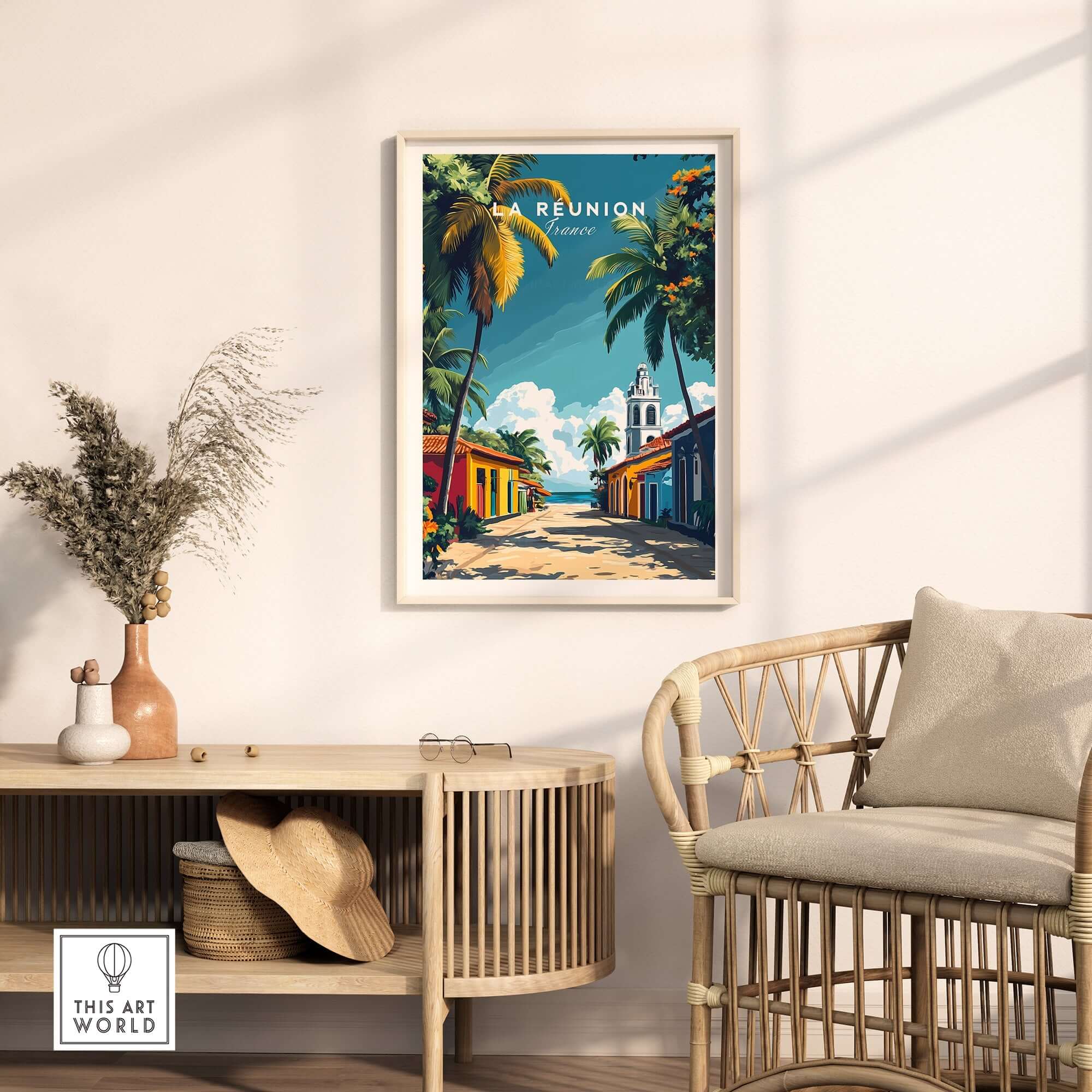 Réunion Island Wall Art Print displayed in a modern living room, showcasing vibrant colors and tropical themes.