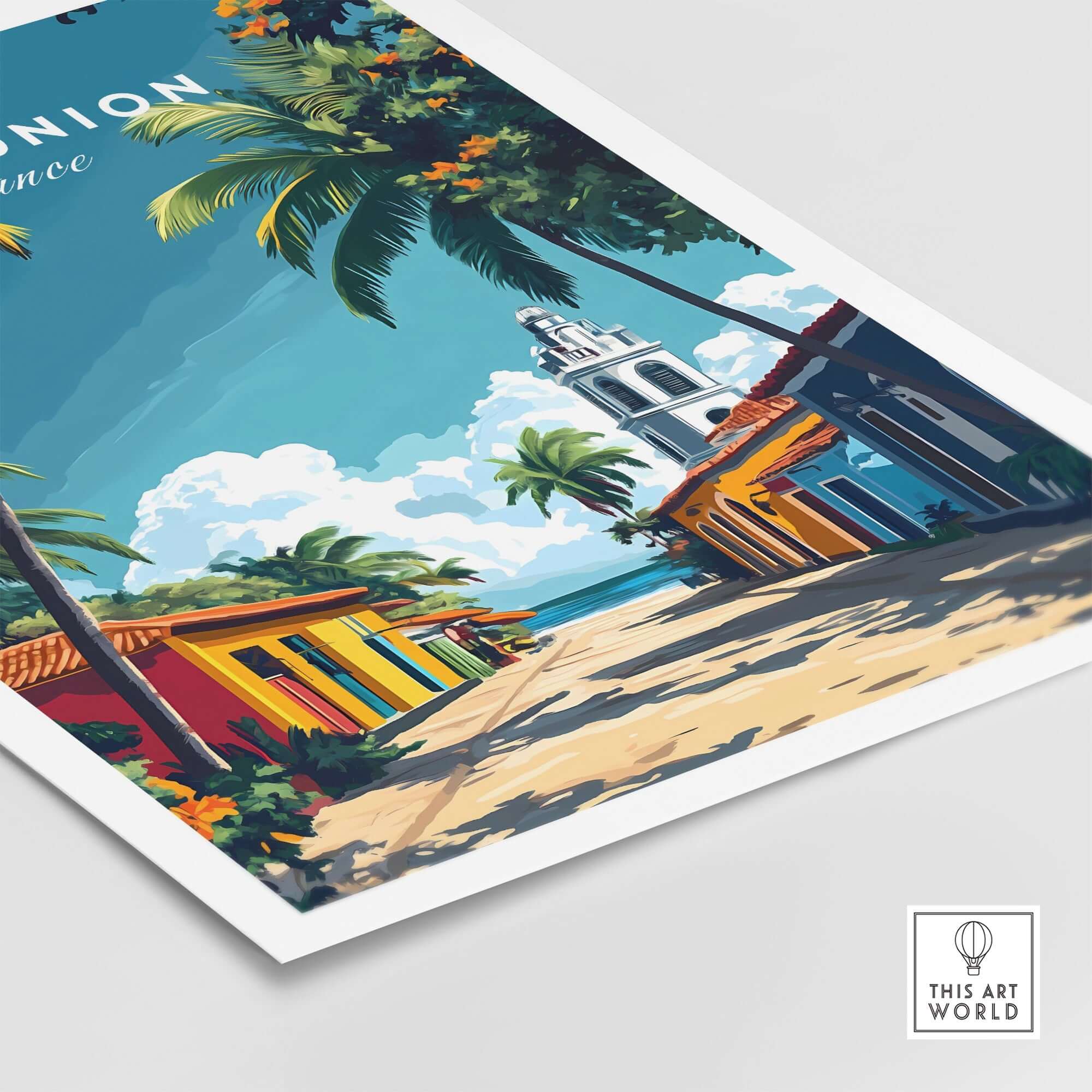 Réunion Island Wall Art Print showcasing vibrant streets and tropical scenery in an exotic destination.