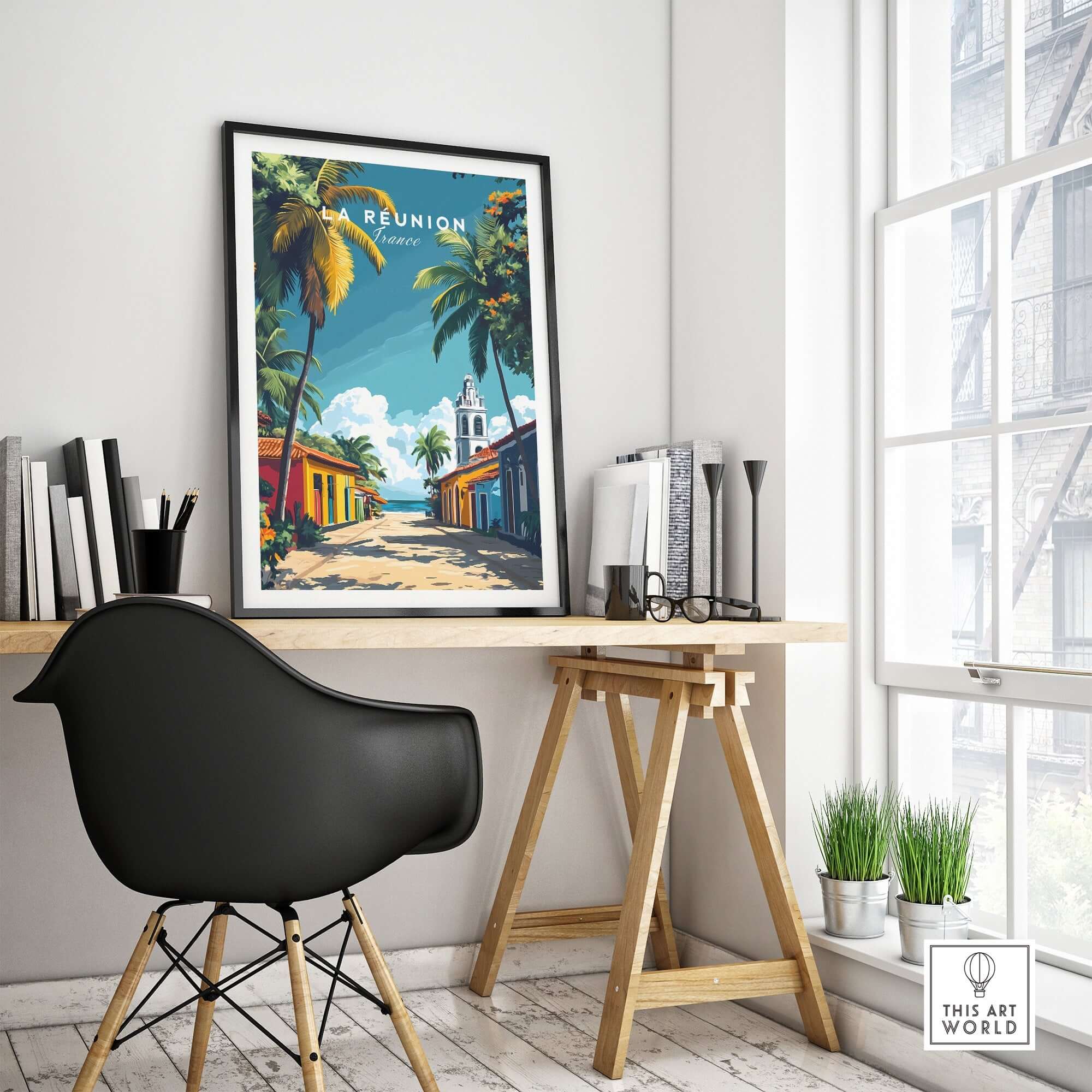 Réunion Island Wall Art Print displayed in a modern home office with vibrant colors and tropical decor.