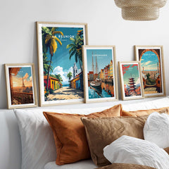 Réunion Island Wall Art Print and travel posters displayed in a stylish living room decor arrangement
